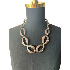 Vintage Wood & Gold Tone Link Statement Necklace 22.5” Length Chain- Boho